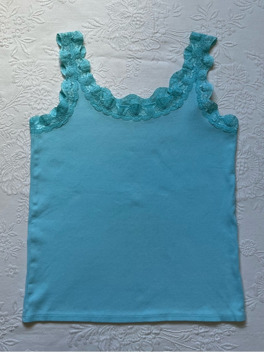 Fresh Produce Lace Trim Cotton Tank Top Blue LARGE Peru